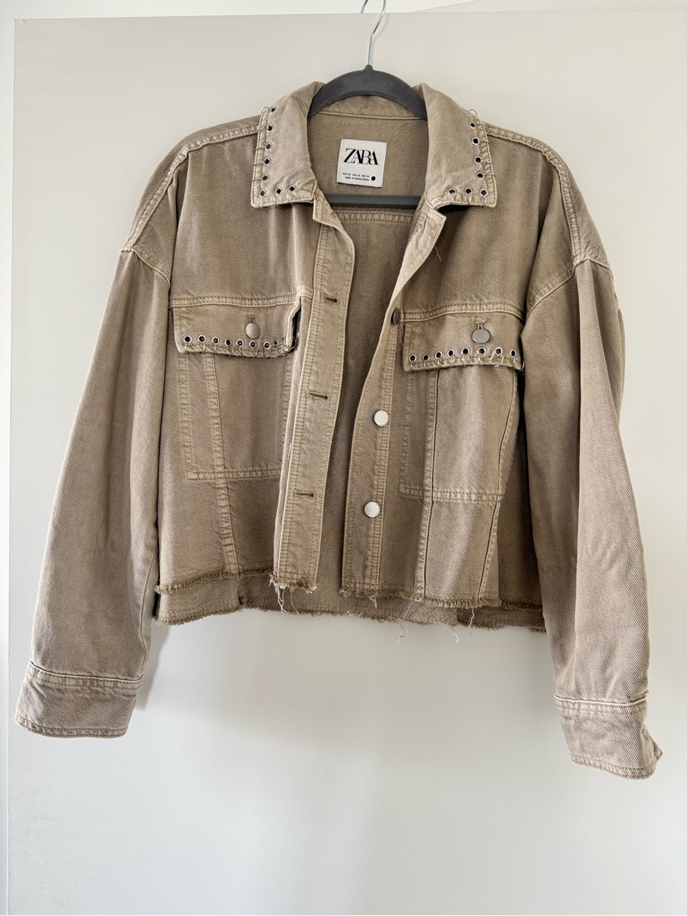 ZARA Taupe Stud-Trim Cropped Denim Jacket